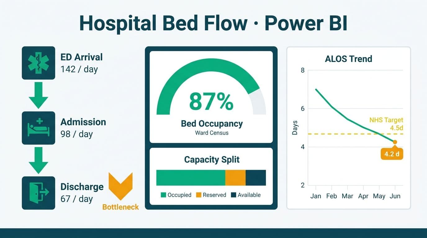 ED-to-discharge patient flow pipeline, bed occupancy arc gauge, and ALOS trend line against NHS benchmark