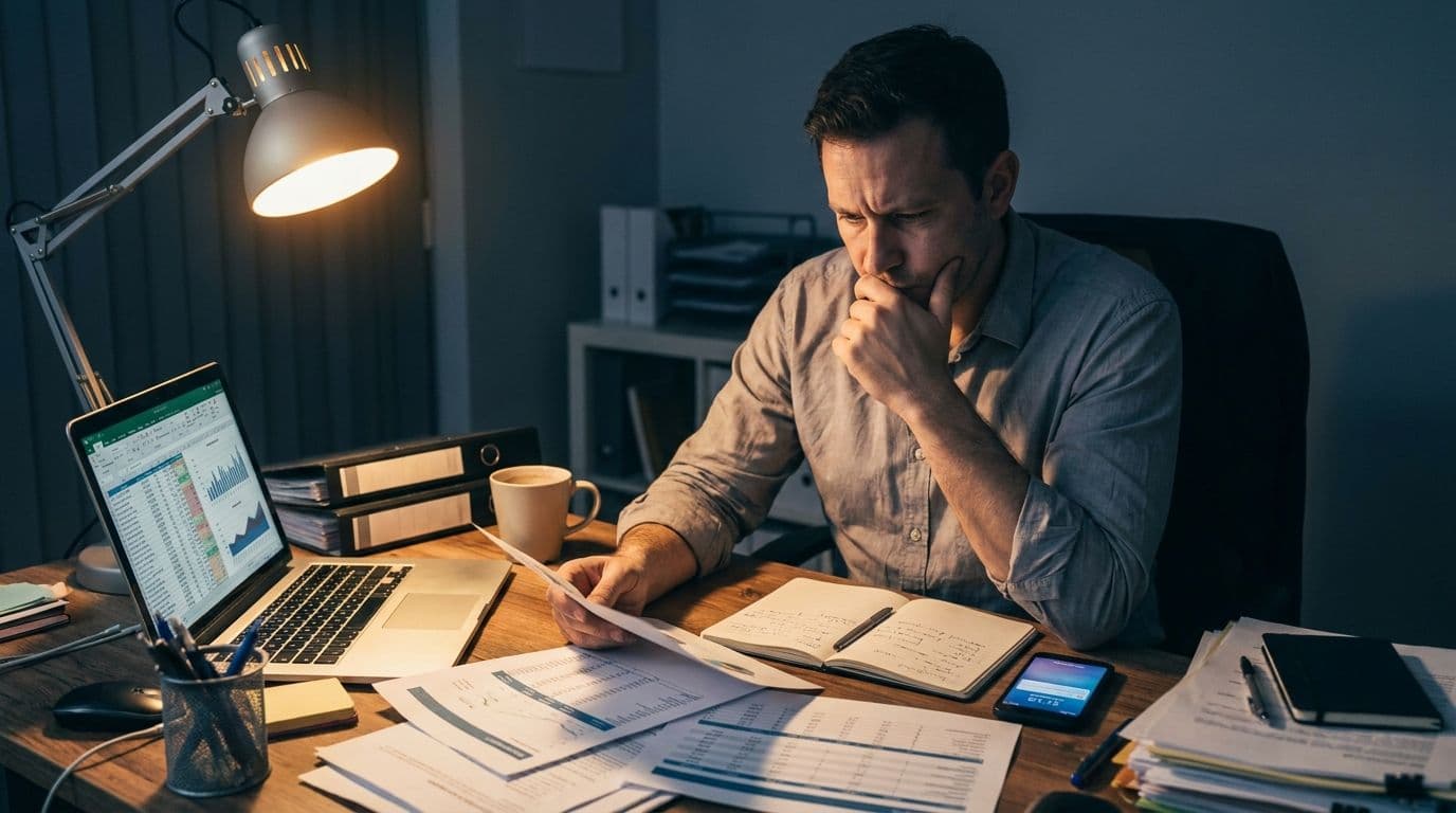 When to hire a Power BI consultant — overwhelmed finance analyst at evening desk