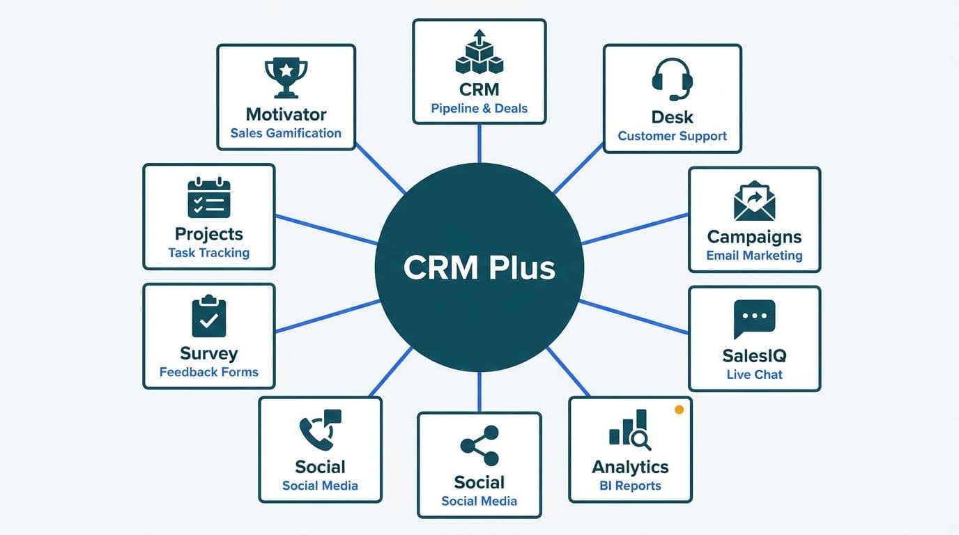 Hub-and-spoke diagram showing CRM Plus at center with nine labelled application cards radiating outward