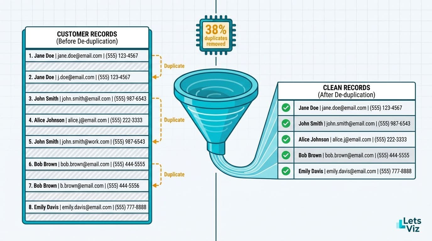 Duplicate CRM records funneled and collapsed into five clean deduplicated rows