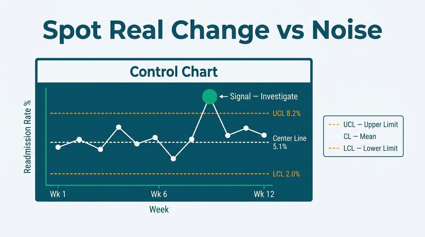 Control chart with UCL, center line, and LCL bands, one emerald signal dot highlighted at week nine labeled Investigate