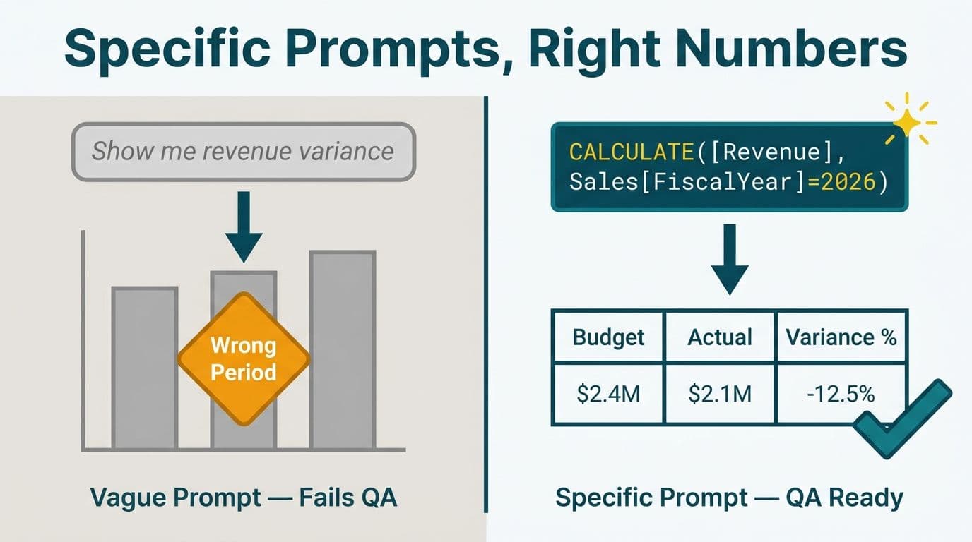 Split diagram contrasting a vague finance prompt producing a wrong-period chart error with a precise DAX prompt yielding a correct budget-actual-variance table