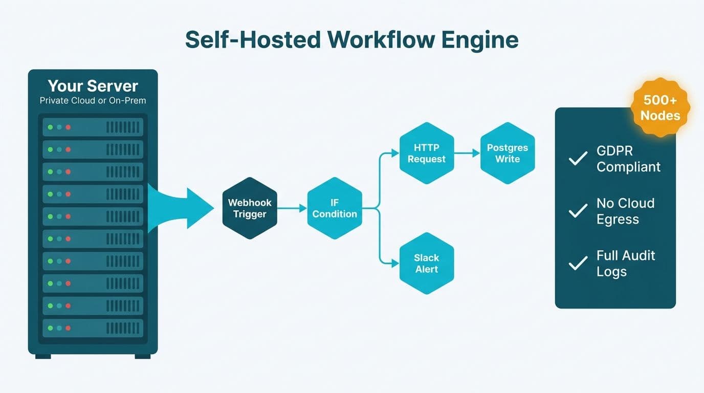 n8n server node graph branching into workflow steps with compliance checkmarks for data residency control