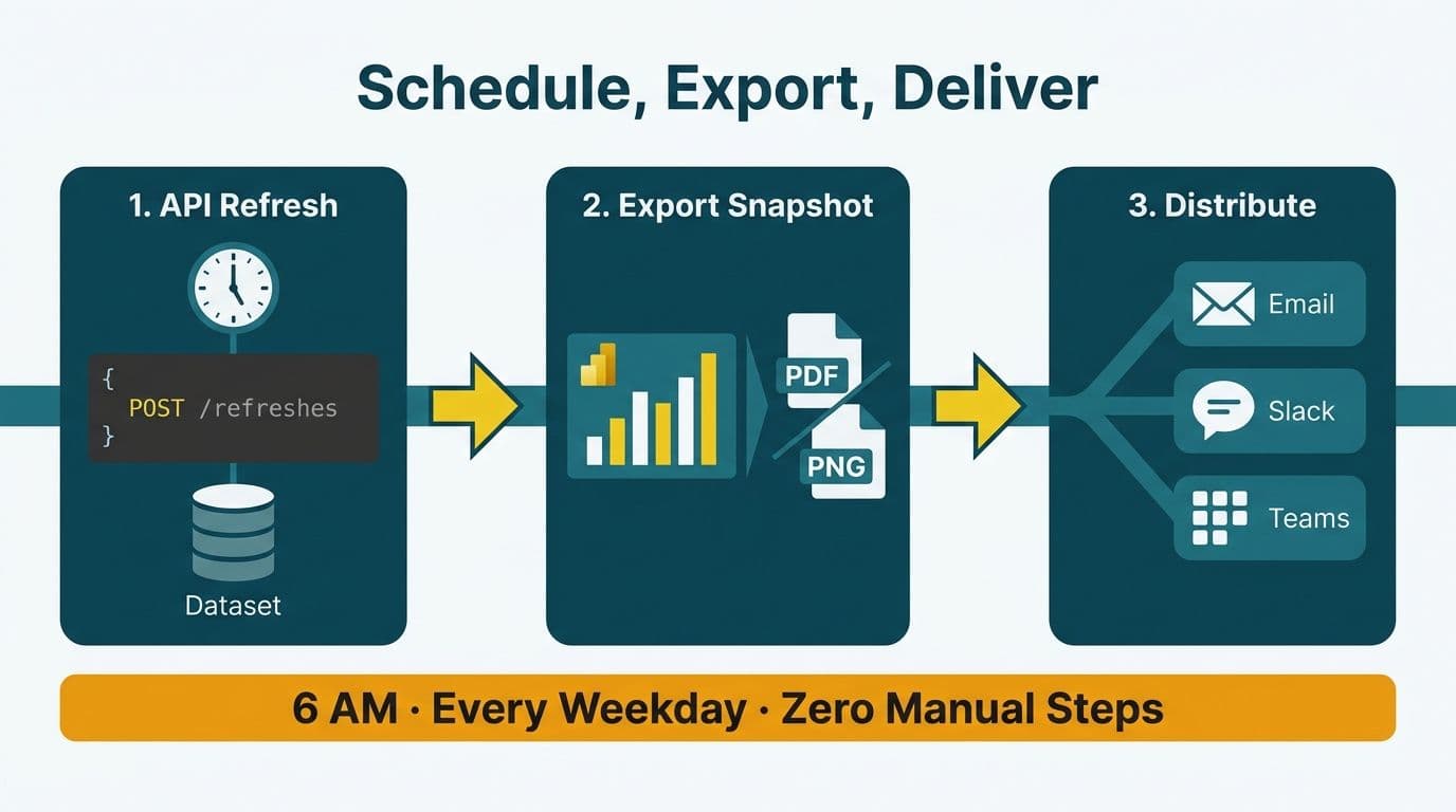 Three-stage pipeline diagram: API refresh trigger, PDF export snapshot, fan-out to Email, Slack, and Teams