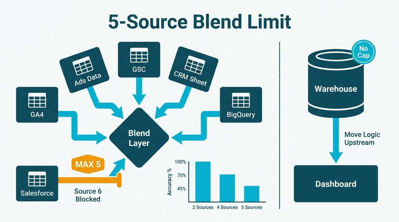 Blend diagram showing five teal data sources hitting an amber MAX 5 barrier, with a warehouse upstream alternative on the right
