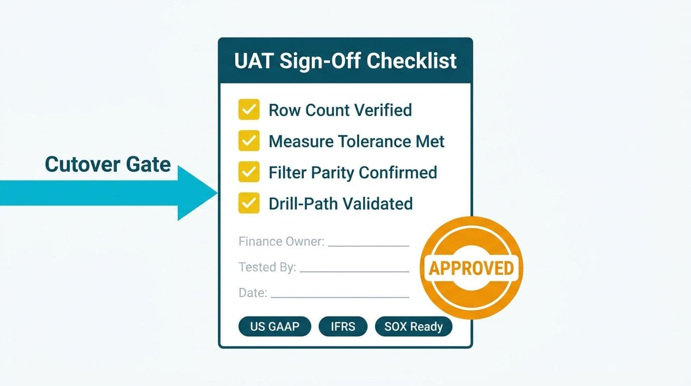 UAT sign-off checklist document with four validated test layers and US GAAP, IFRS, SOX compliance badges