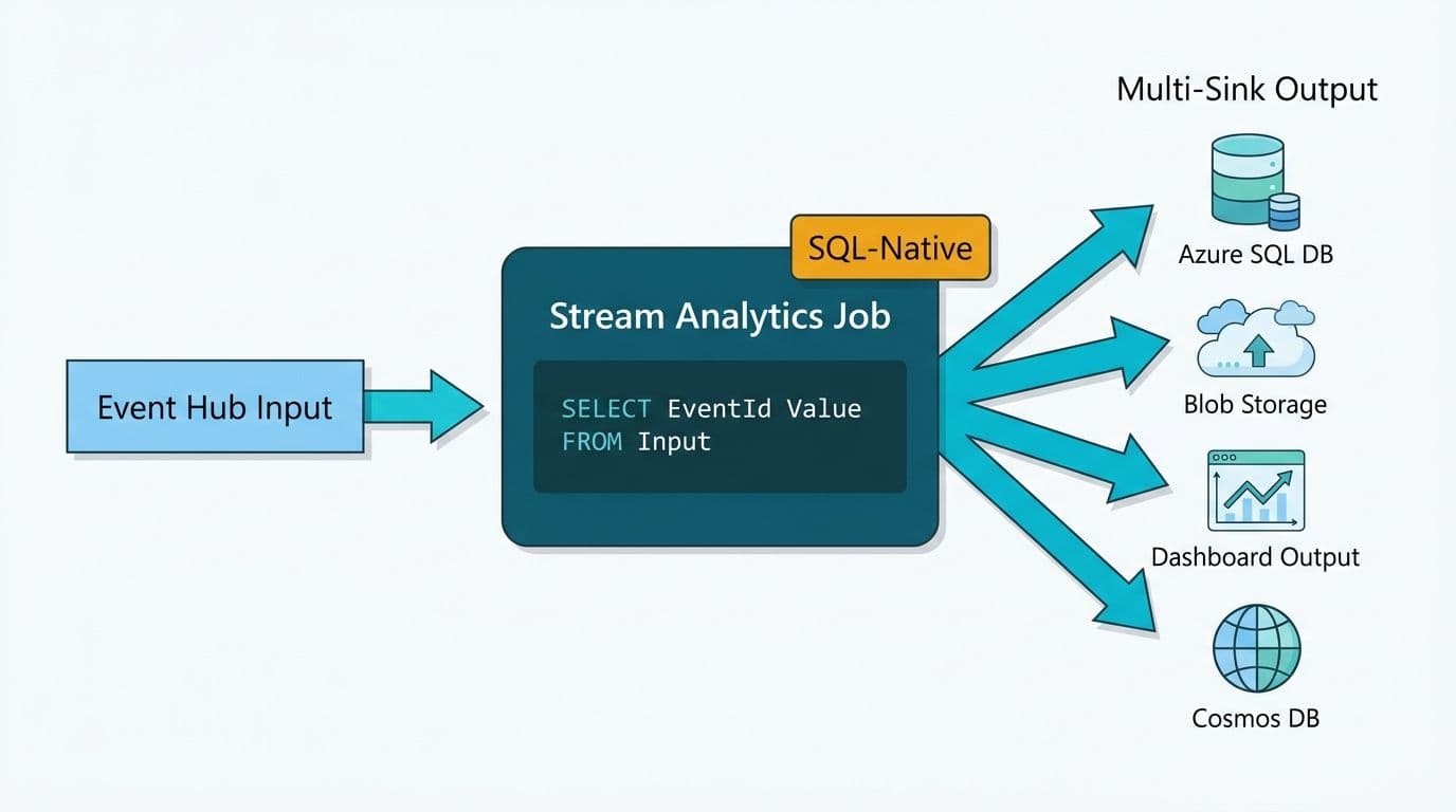 Stream Analytics SQL job fanning event hub input data out to four labeled Azure destination sinks
