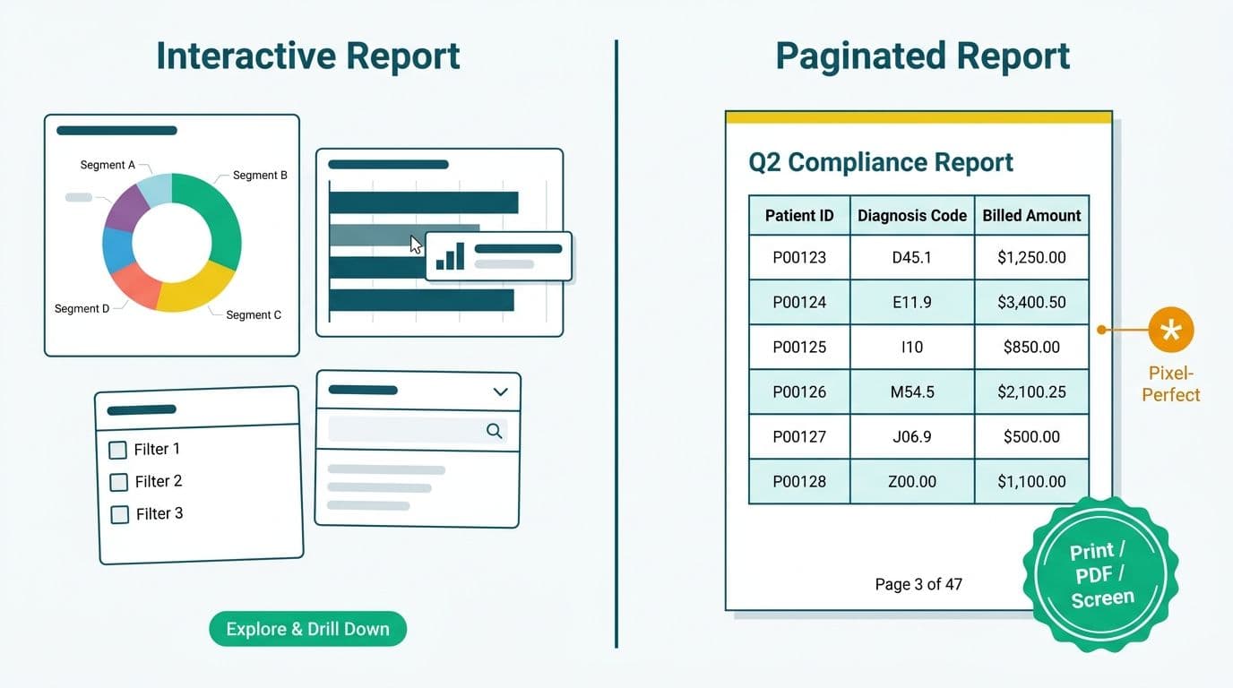 Side-by-side comparison of a flexible interactive dashboard versus a rigid structured paginated compliance report