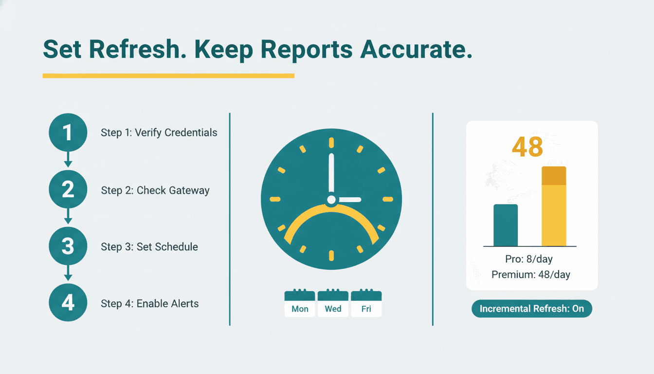 Four-step refresh setup flow, schedule clock, and Pro versus Premium daily refresh cap chart