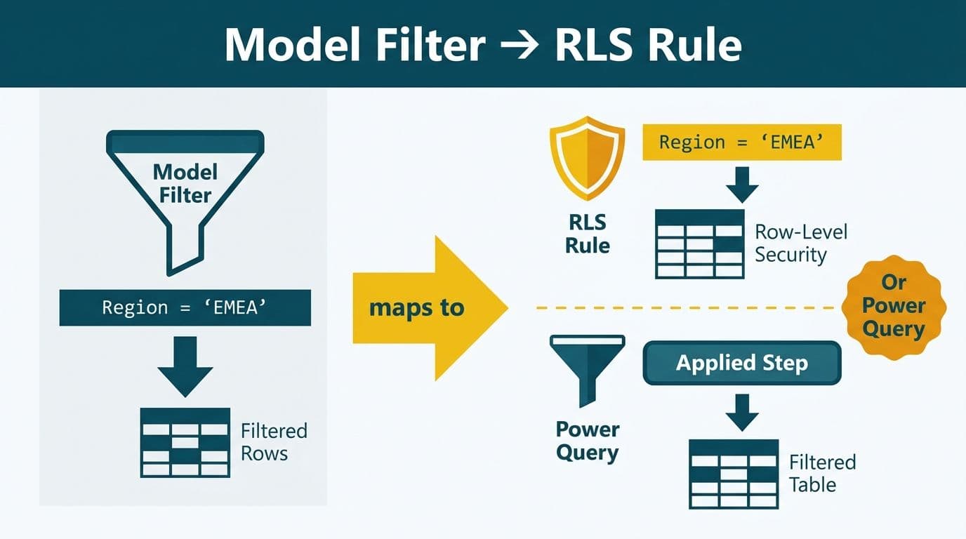 Cognos model filter with EMEA expression splitting into Power BI RLS rule and Power Query step paths