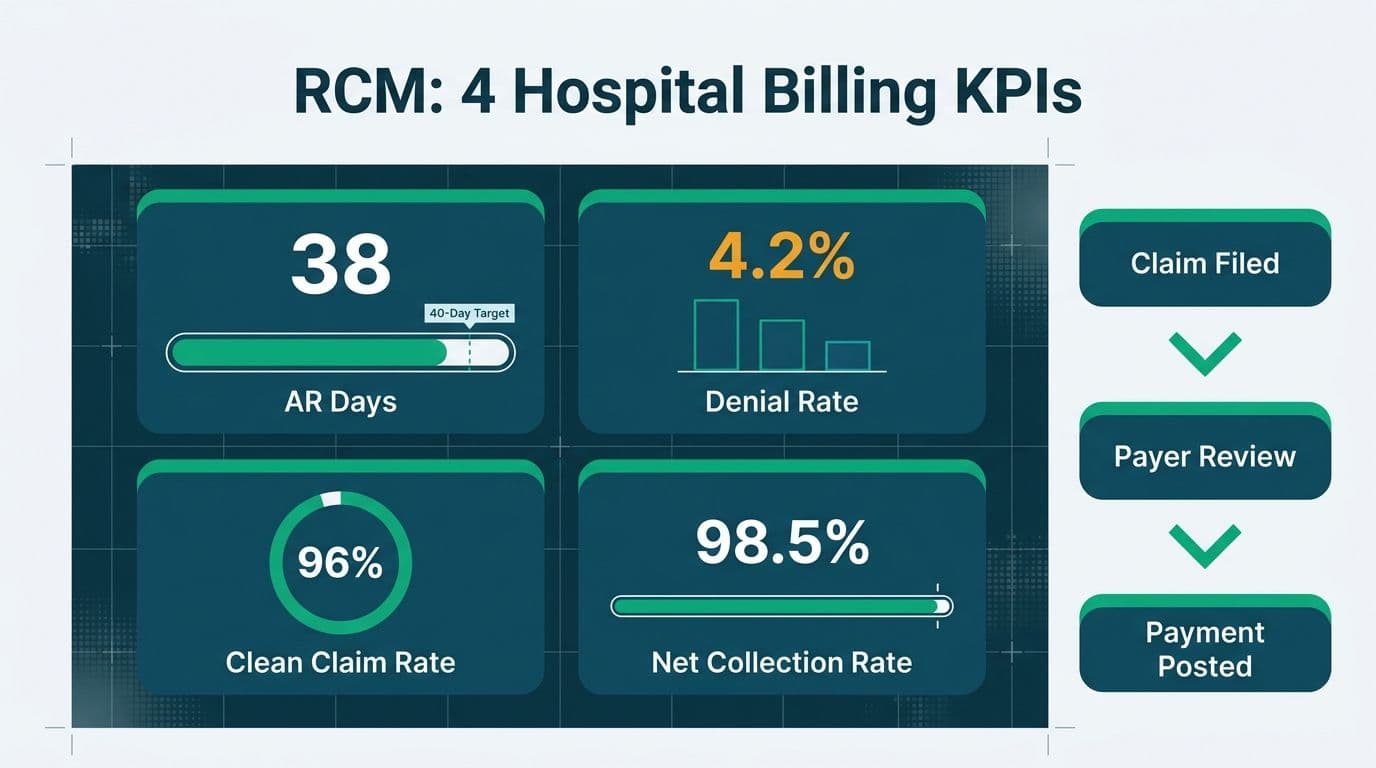 Hospital billing dashboard showing four KPIs: AR days, denial rate, clean claim rate, and net collection rate