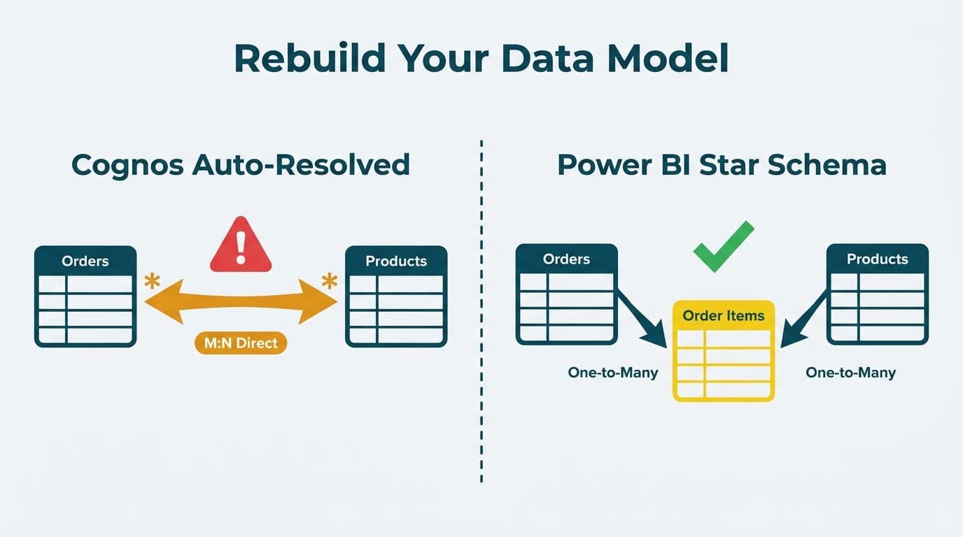 Schema diagram showing Cognos many-to-many direct link versus Power BI star schema with bridge table
