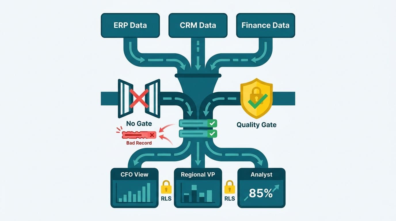Funnel diagram showing a quality gate rejecting bad records then RLS splitting data access by finance role