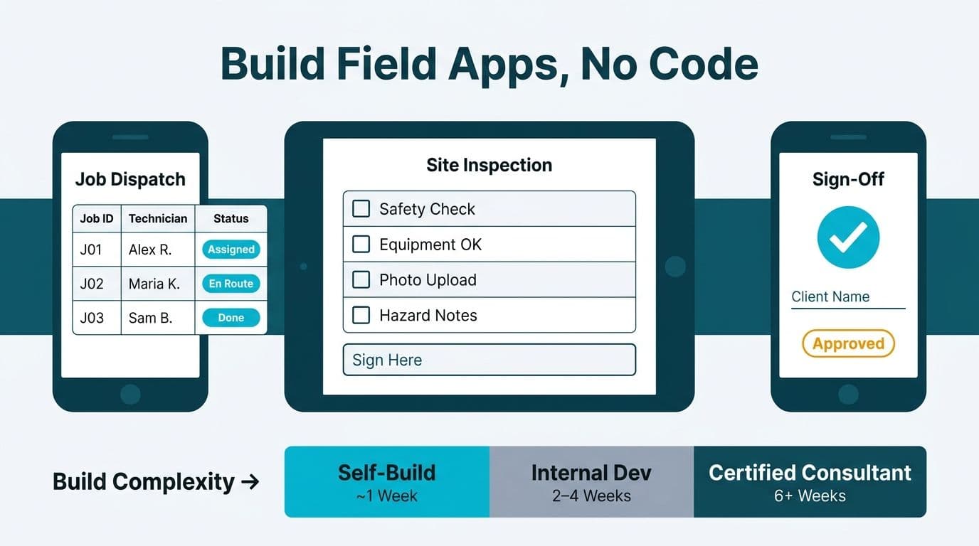 Three field service app screens — dispatch board, inspection form, client sign-off — above a build complexity scale