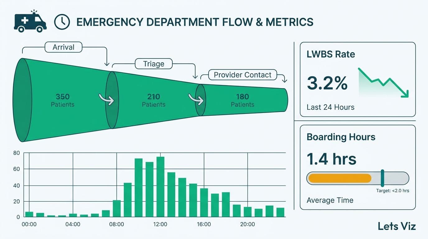 Emergency department patient-flow funnel with door-to-provider time, LWBS rate, and hourly arrival chart