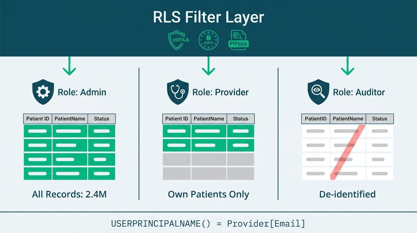 Three-lane row-level security diagram showing Admin, Provider, and Auditor roles filtering healthcare patient records