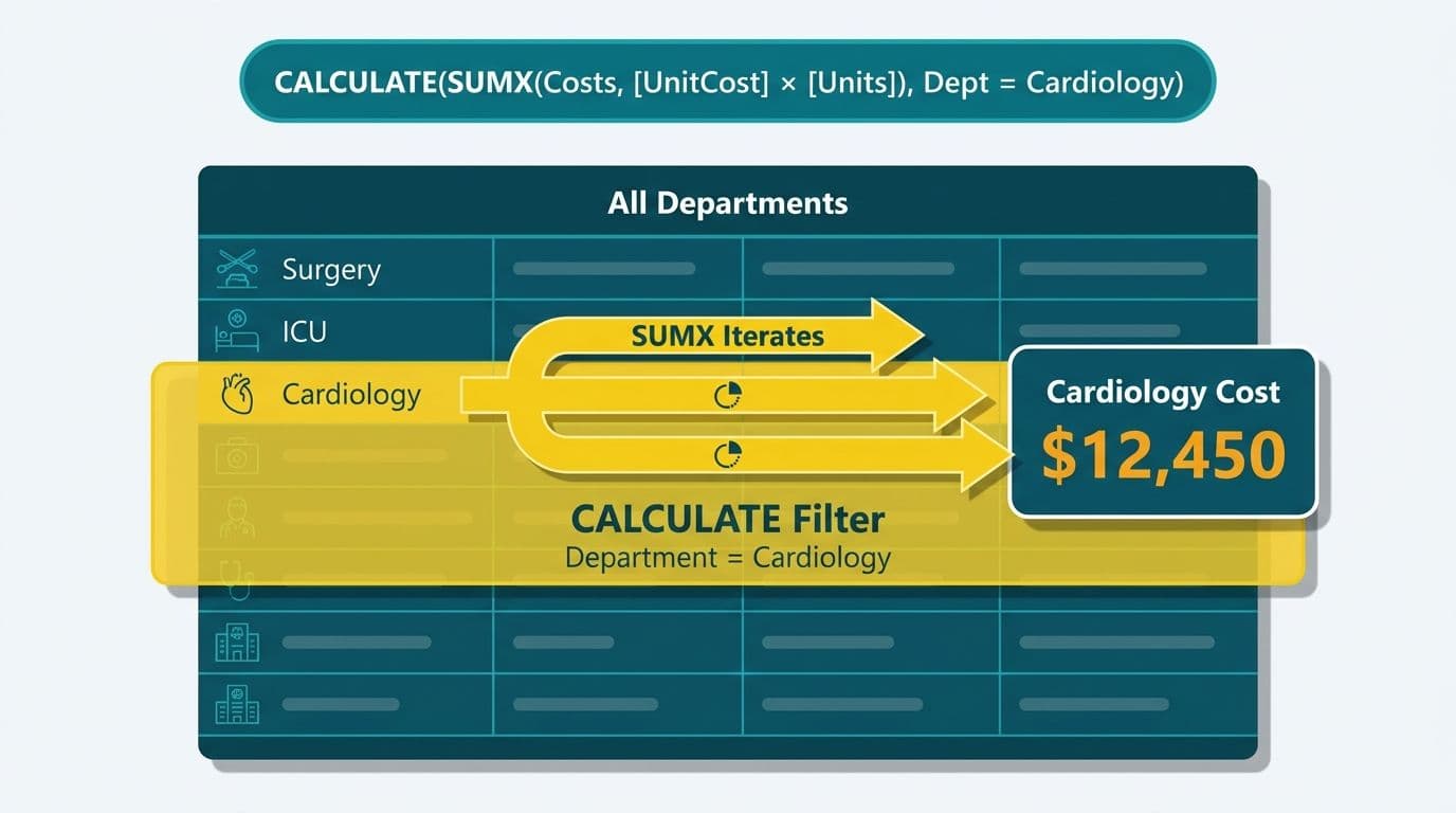 CALCULATE filter layer isolating Cardiology rows from a hospital cost table before SUMX iterates and returns department total