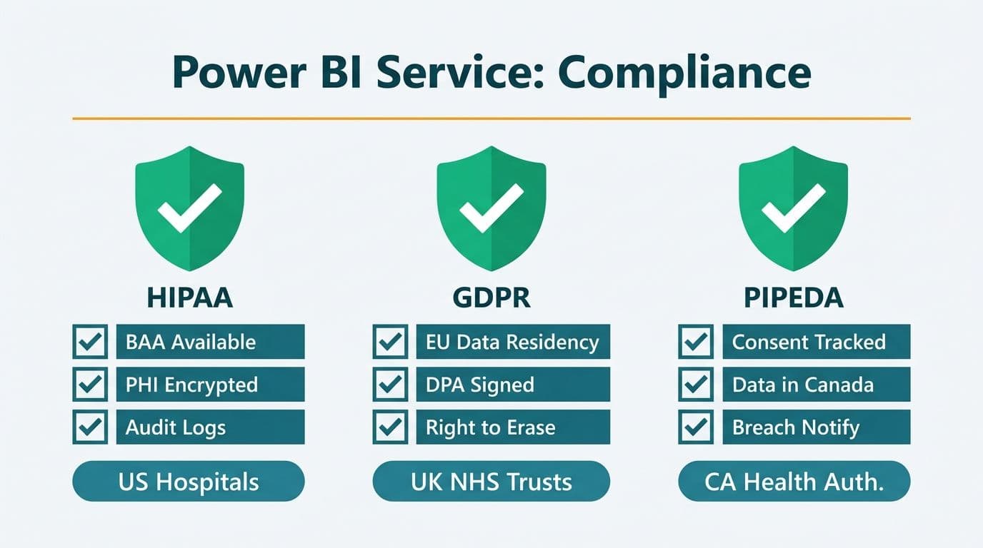 Three compliance shields for HIPAA, GDPR, and PIPEDA each with a checklist of Power BI Service coverage items per healthcare region