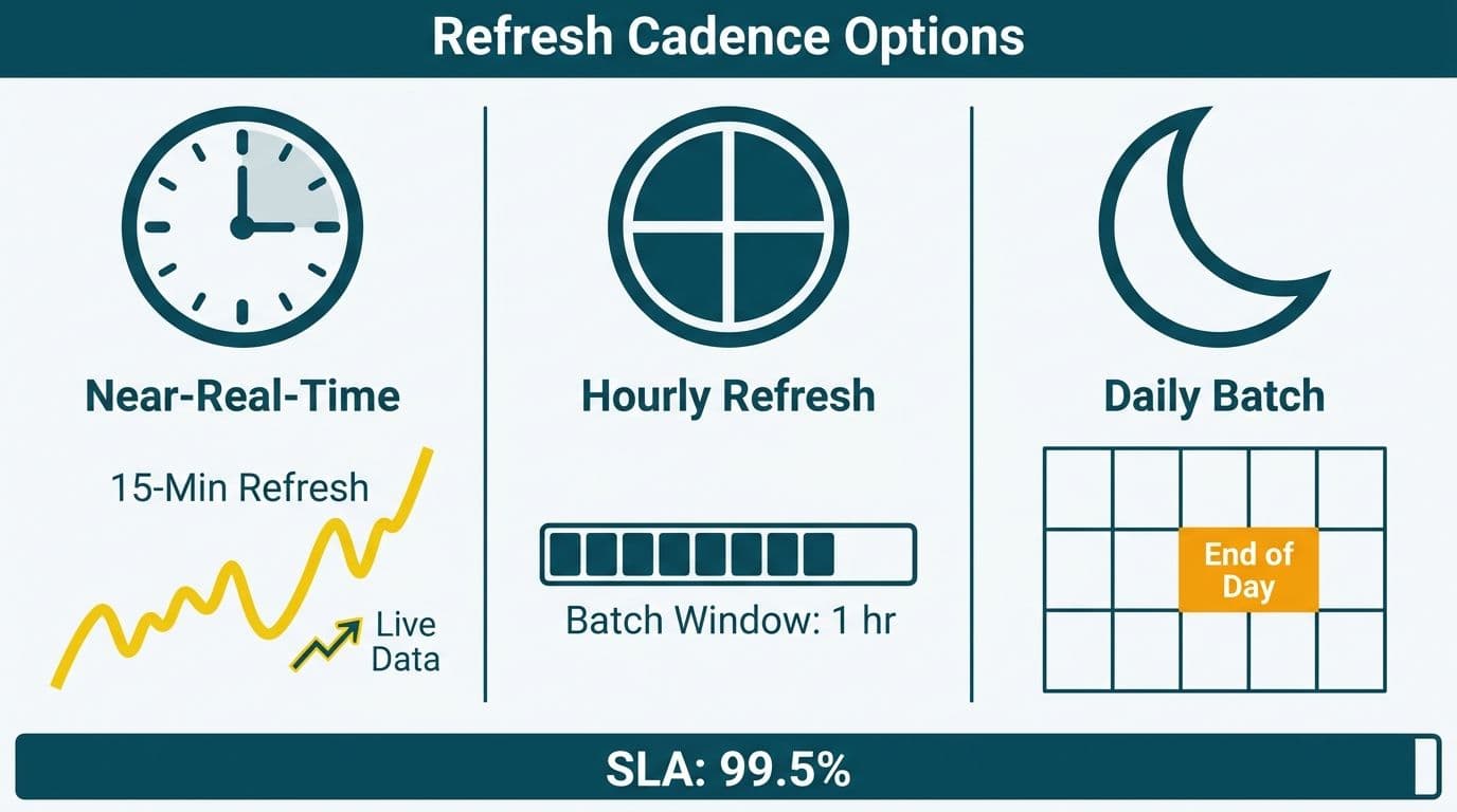 Three-column diagram comparing near-real-time, hourly, and daily Power BI refresh cadence options with SLA percentage