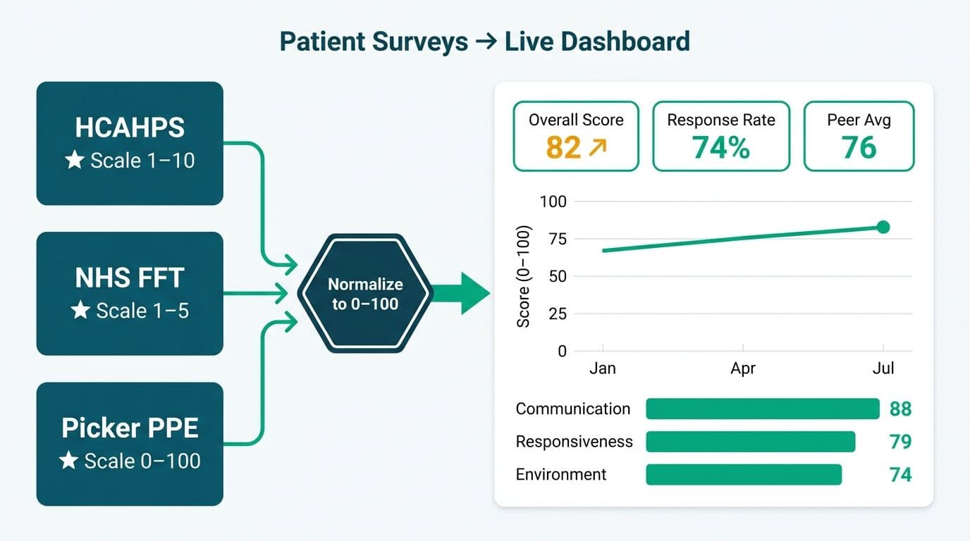 Three hospital survey instruments normalizing into a unified live analytics dashboard with trend lines and domain scores
