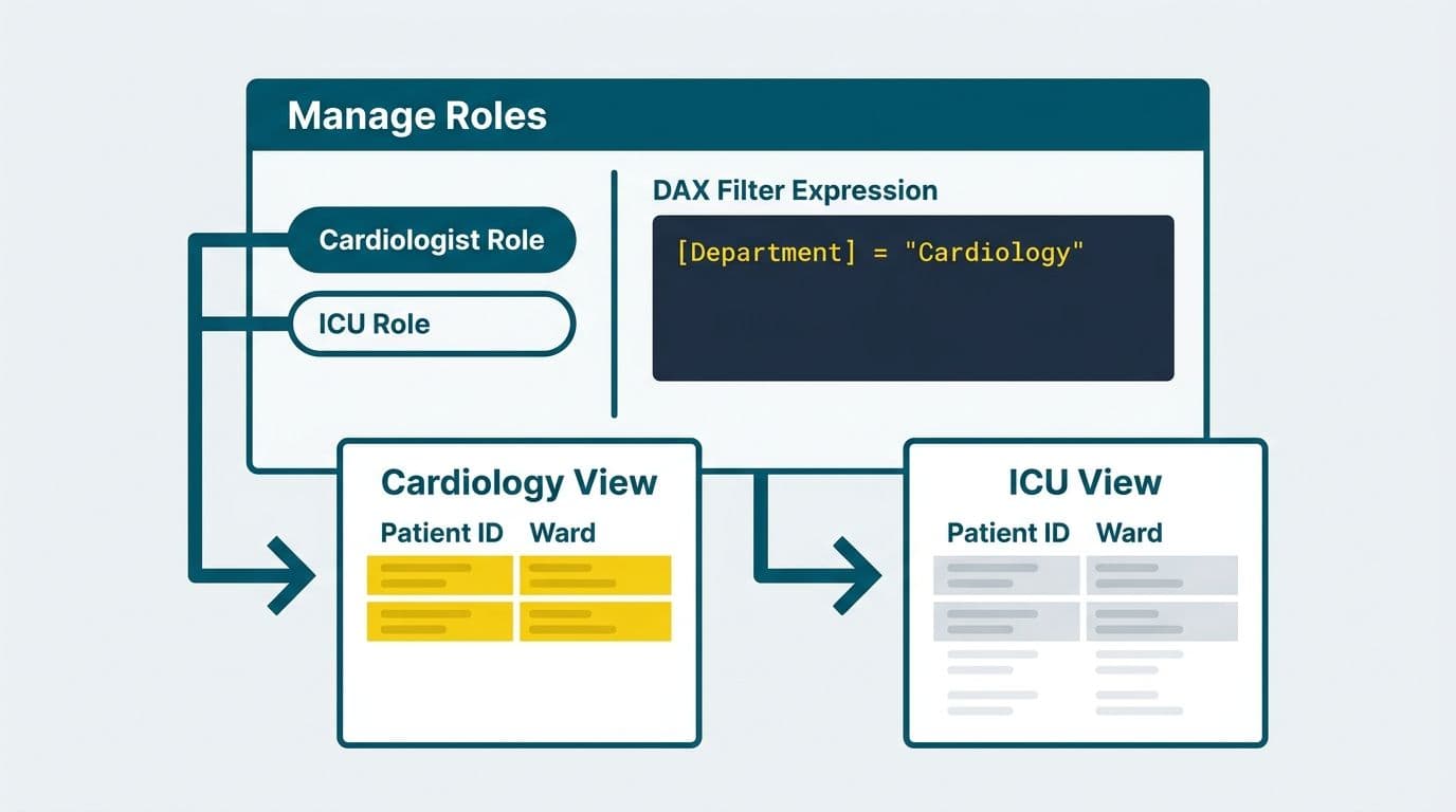 Power BI Manage Roles dialog with two RLS roles and a DAX filter expression in the editor