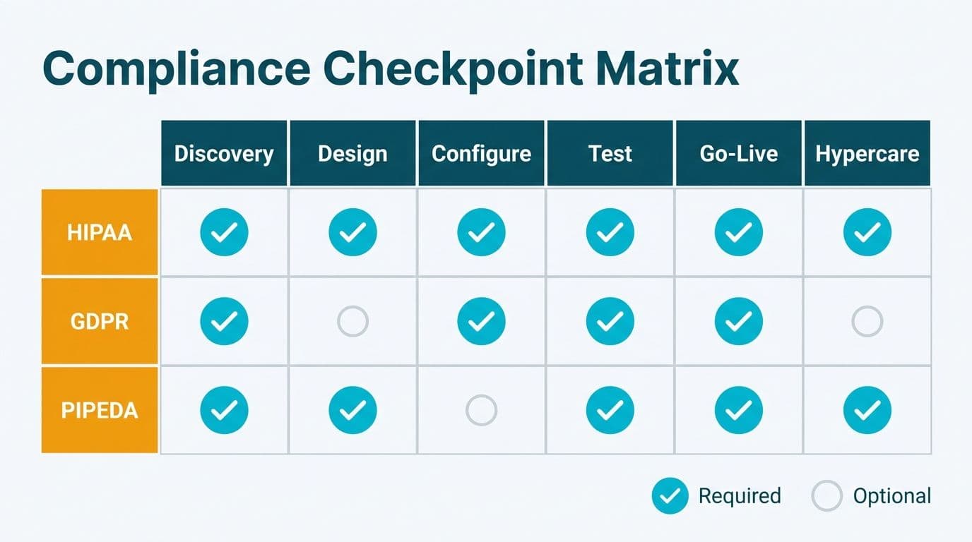 Compliance checkpoint matrix mapping HIPAA GDPR PIPEDA requirements across six ITSM implementation phases