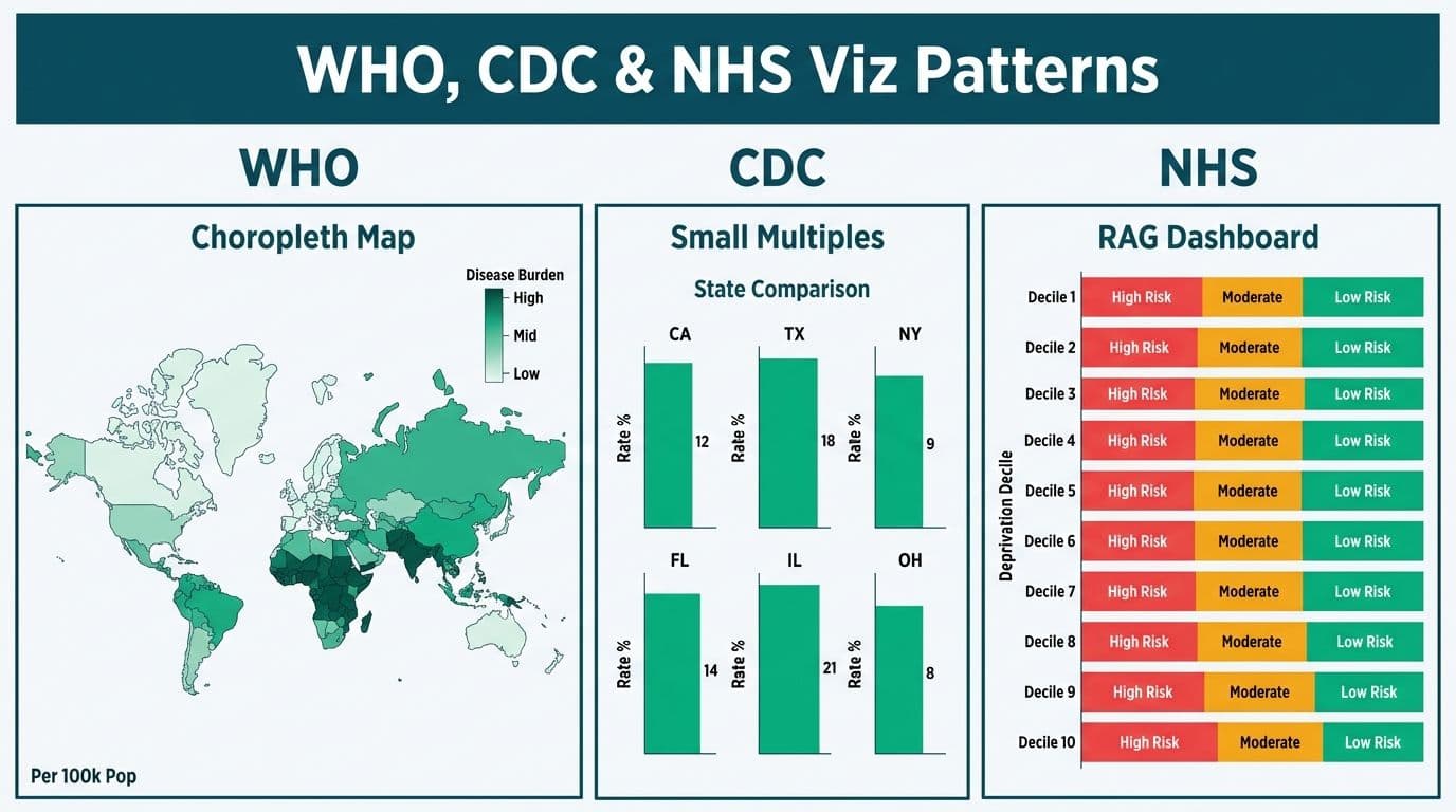Three-panel comparison of WHO choropleth map, CDC small-multiples state grid, and NHS RAG deprivation dashboard