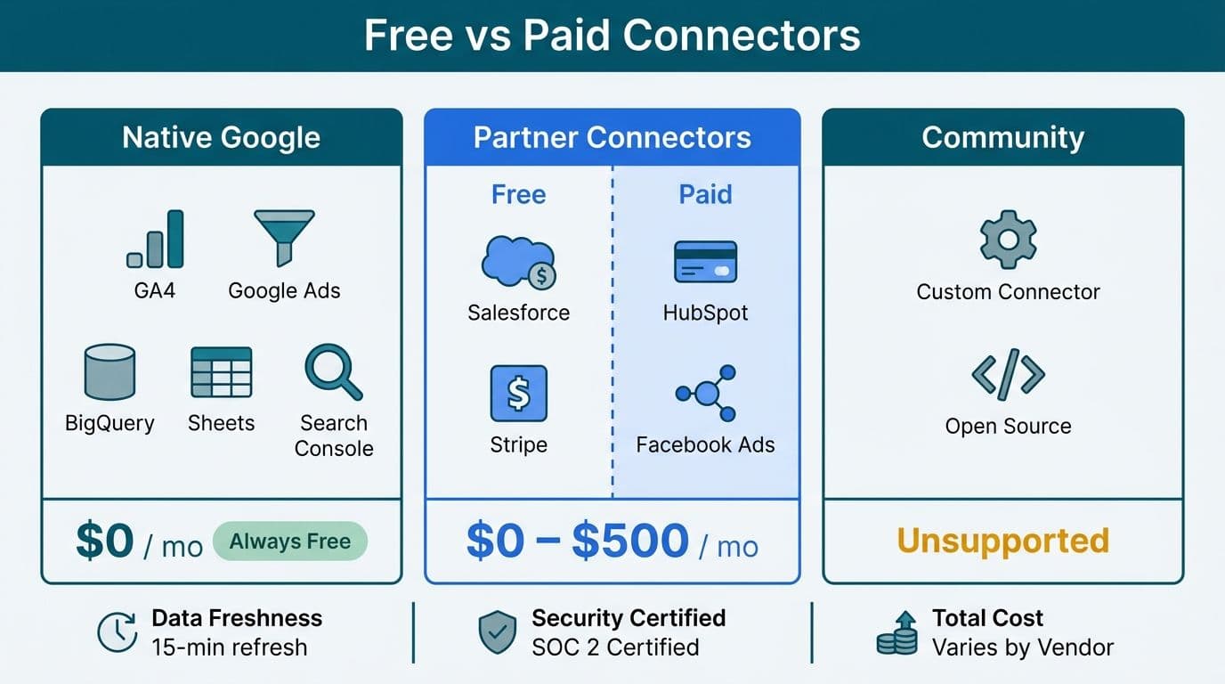 Three-tier comparison of Looker Studio connector categories: Native Google free, Partner paid, Community unsupported