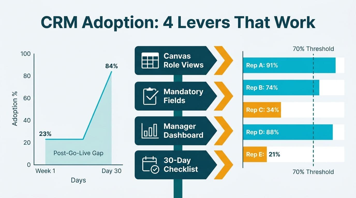 Four CRM adoption strategy cards flanked by a post-go-live adoption gap chart rising from 23% to 84% and a manager bar chart flagging low-adoption reps in amber