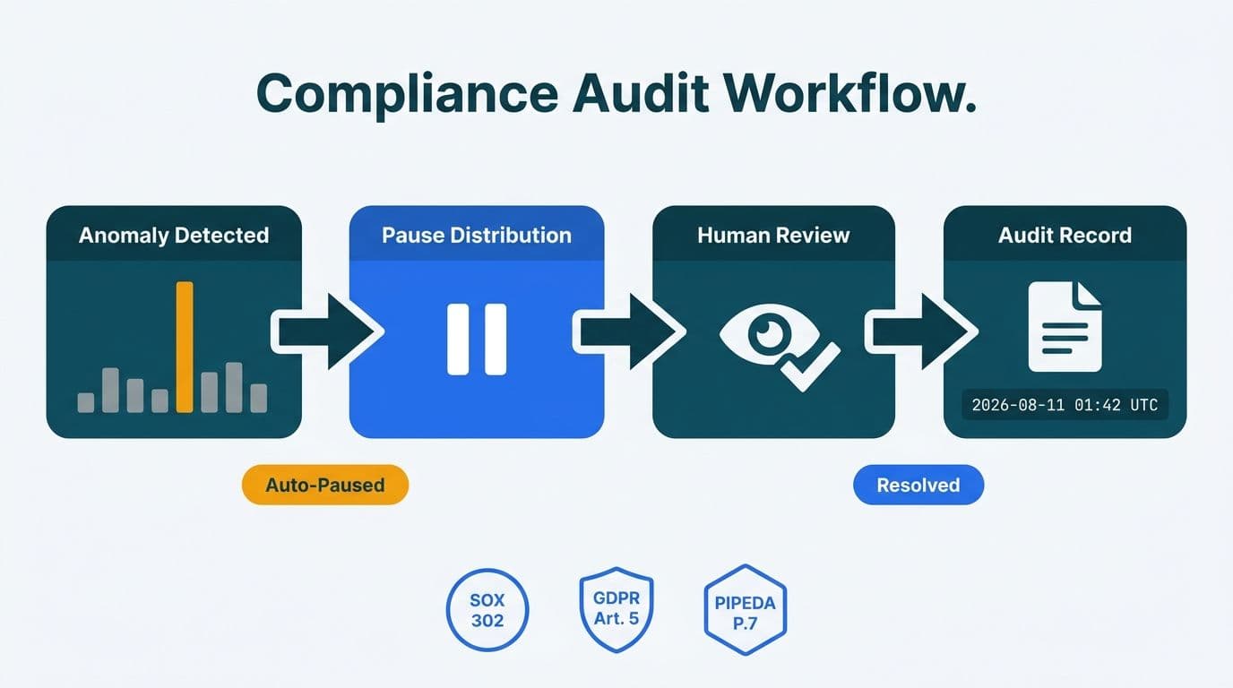 Four-step compliance flowchart from anomaly detection through human review to timestamped audit record