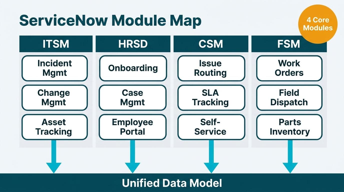 Four-column module map of ServiceNow's ITSM, HRSD, CSM, and FSM capabilities converging on a unified data model