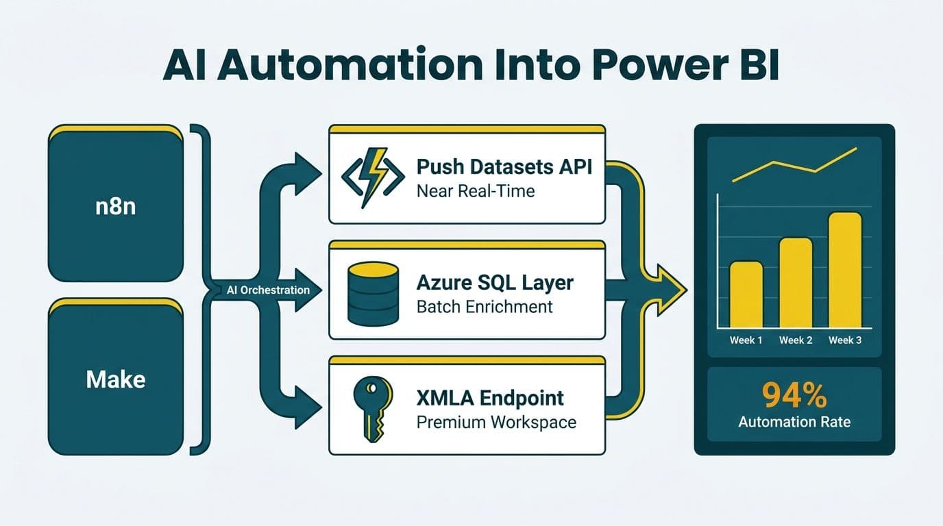 Three-path pipeline connecting AI workflow tools n8n and Make to a Power BI dashboard via Push API, Azure SQL, and XMLA endpoint