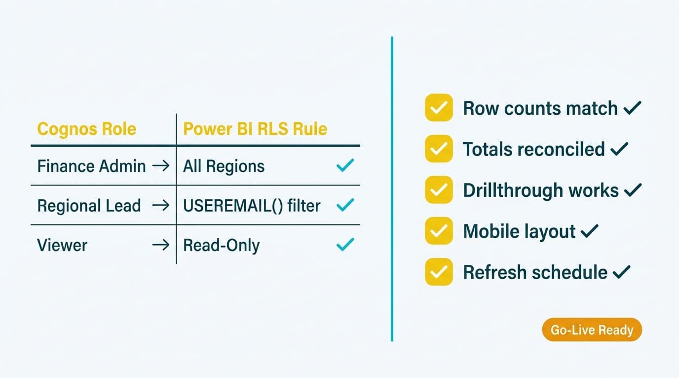 Cognos role-to-Power-BI RLS mapping table alongside a five-item UAT checklist with all items checked and a go-live ready badge