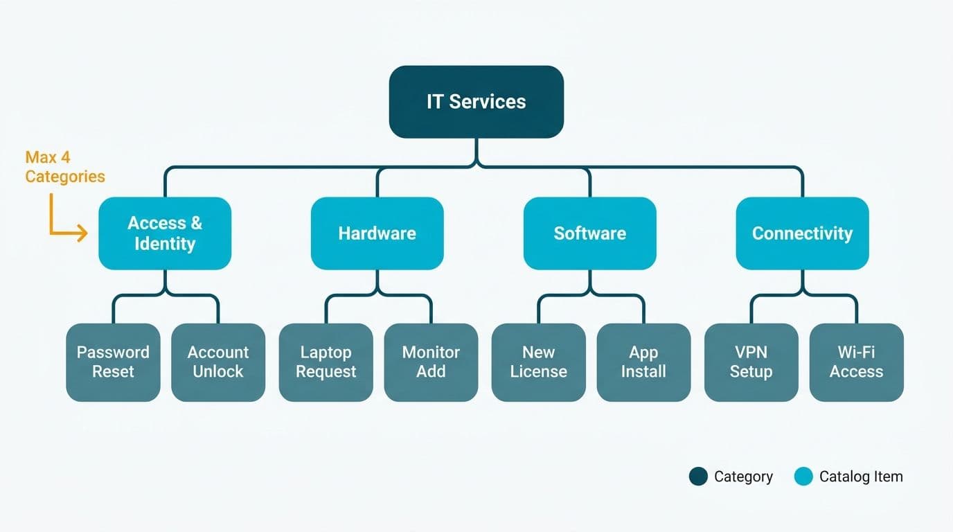 Hierarchical tree diagram of IT service catalog branching from four top-level categories into individual catalog items