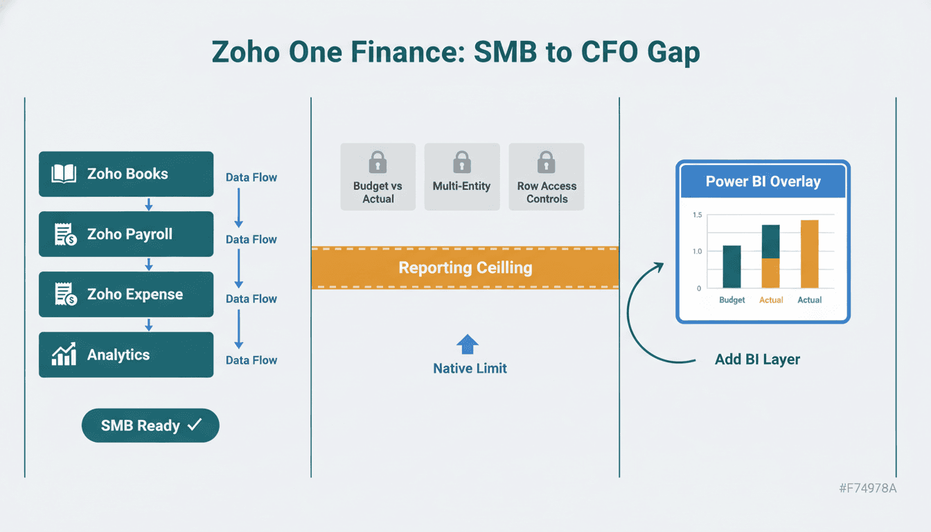 Four Zoho finance module cards on the left, an amber CFO reporting ceiling barrier in the center, and a Power BI overlay grouped bar chart on the right