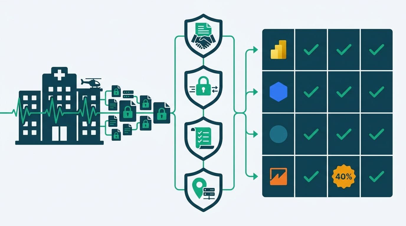 Four HIPAA compliance shields connecting hospital PHI data to a BI tool comparison grid