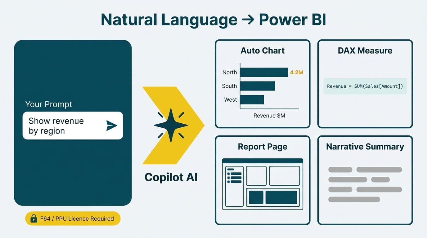 Chat prompt flowing through a Copilot AI arrow into four Power BI output tiles: chart, DAX measure, report page, narrative summary
