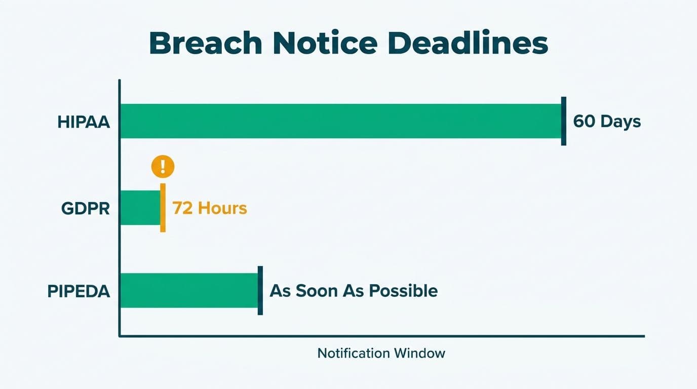 Horizontal bar chart comparing breach notification deadlines showing HIPAA at 60 days, GDPR at 72 hours, and PIPEDA as soon as possible.