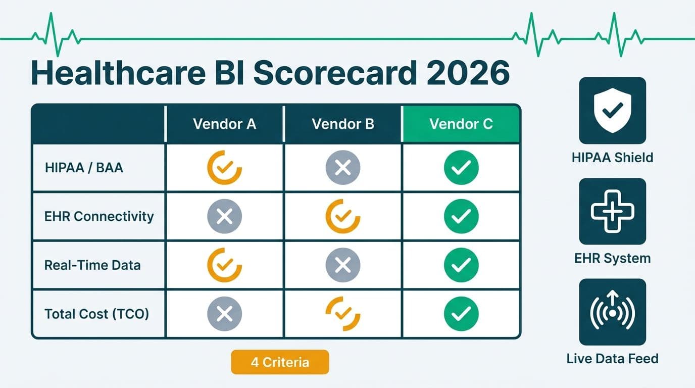 Comparison scorecard matrix rating three healthcare analytics vendors across HIPAA, EHR, real-time data, and cost criteria