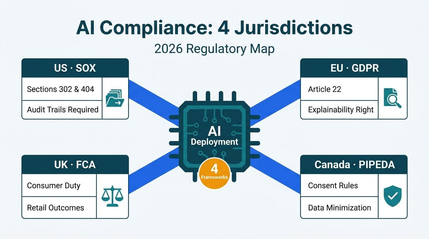 Hub-and-spoke diagram linking an AI deployment node to SOX, GDPR, FCA, and PIPEDA compliance panels