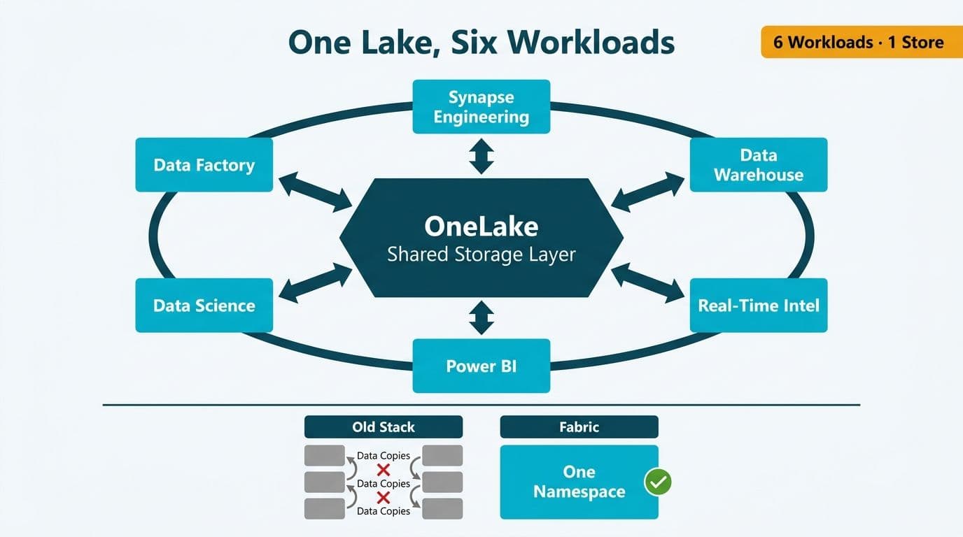 Hub-and-spoke diagram showing OneLake at center connected to six Microsoft Fabric workloads