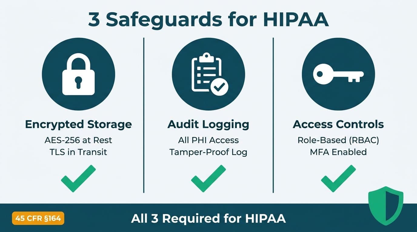 Three-column diagram of encrypted storage, audit logging, and role-based access controls required for HIPAA compliance