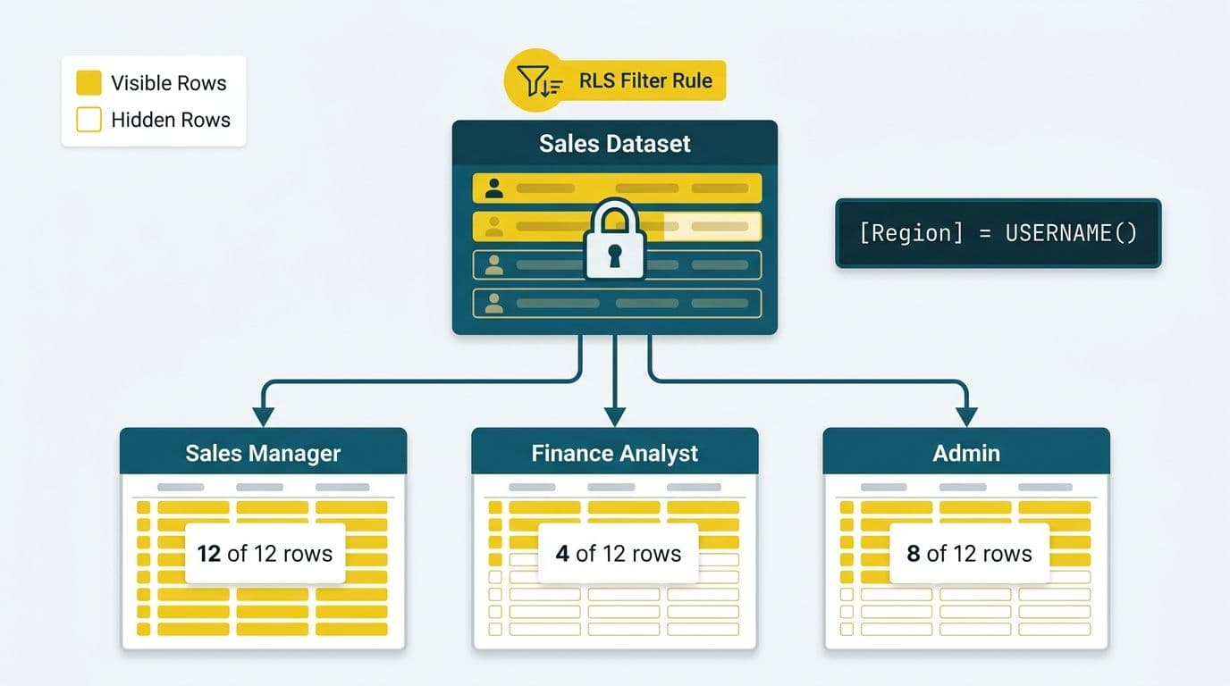Row-level security diagram showing one dataset filtered into three role-specific views with different row counts