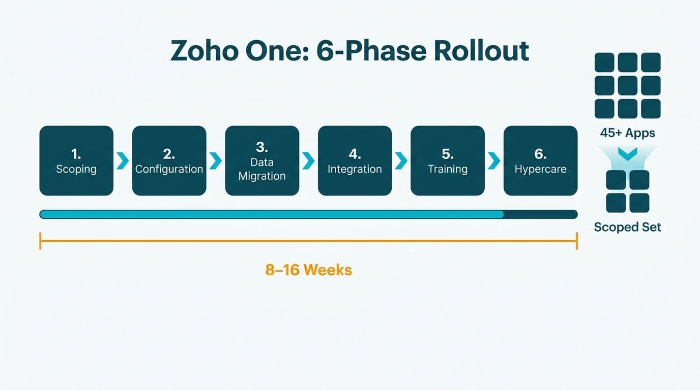 Six-phase Zoho One implementation flow with 8–16 week timeline and 45-plus app scoping diagram