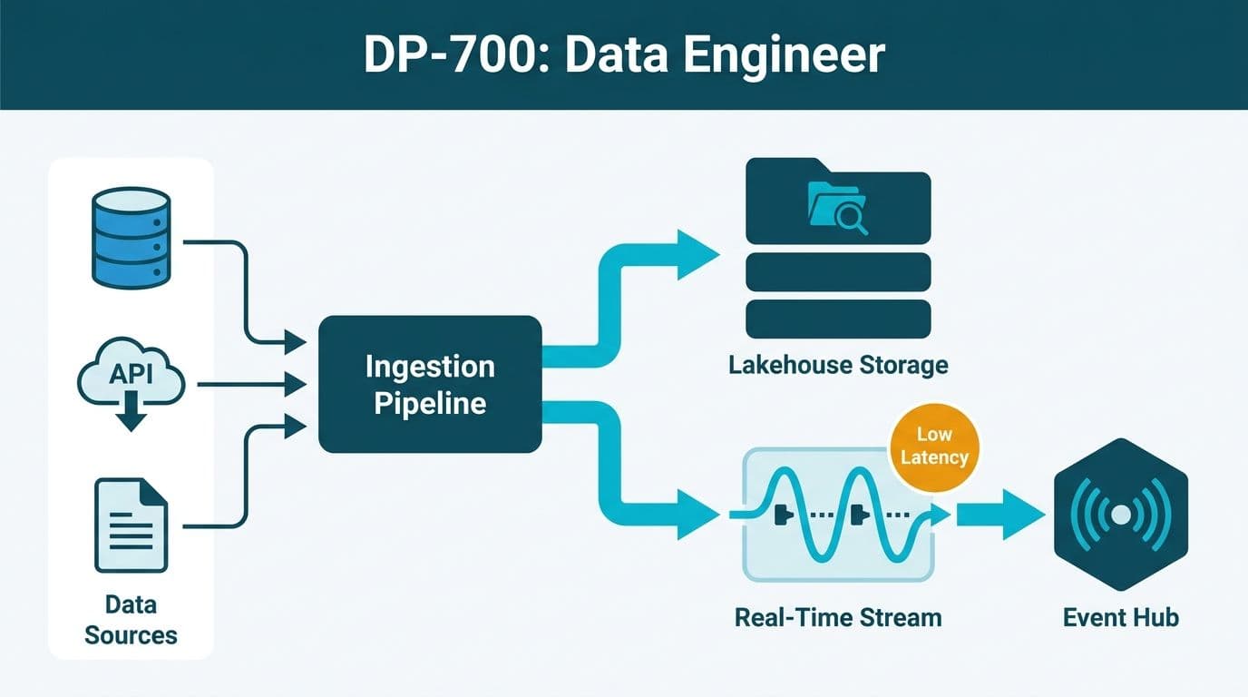 DP-700 data pipeline flowing from source systems into Lakehouse storage and a real-time event stream