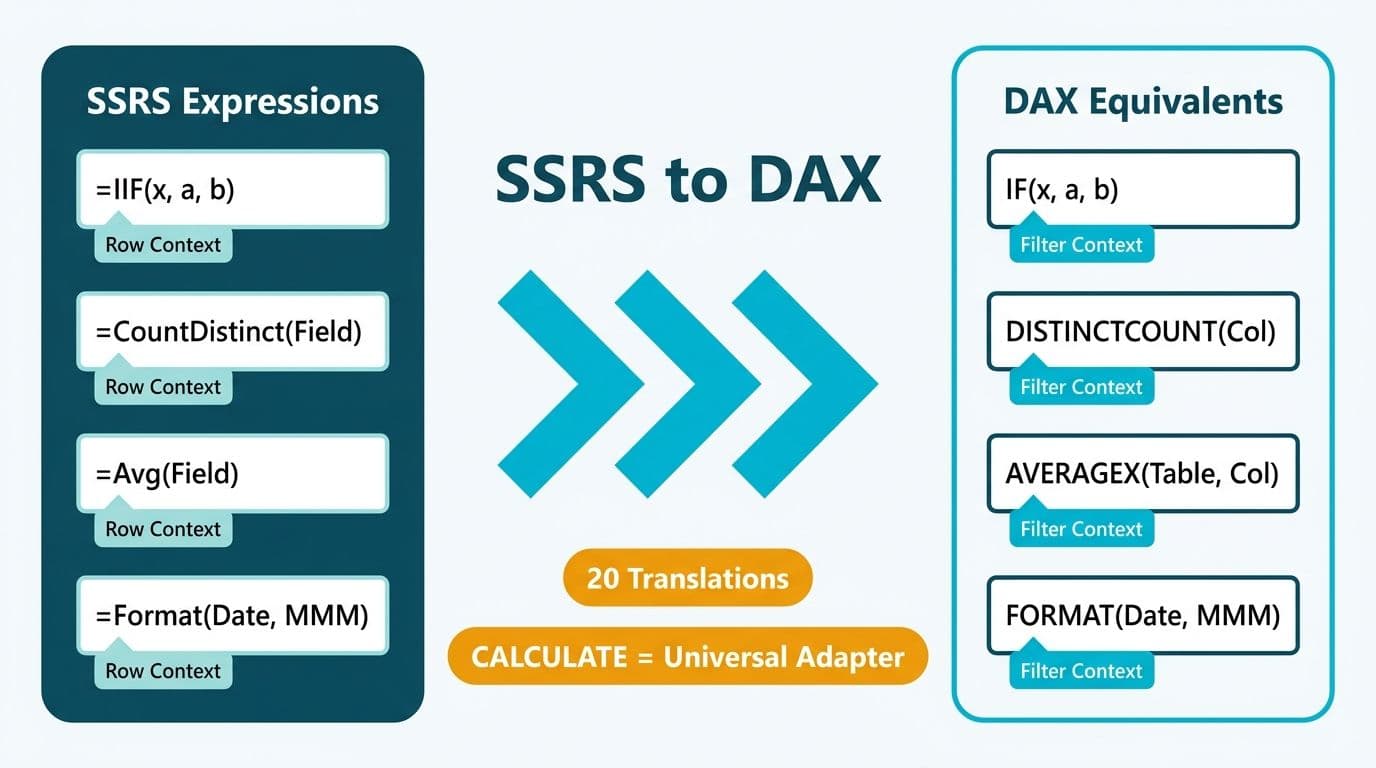 SSRS expression code cards translating via arrows into DAX equivalents with row and filter context labels