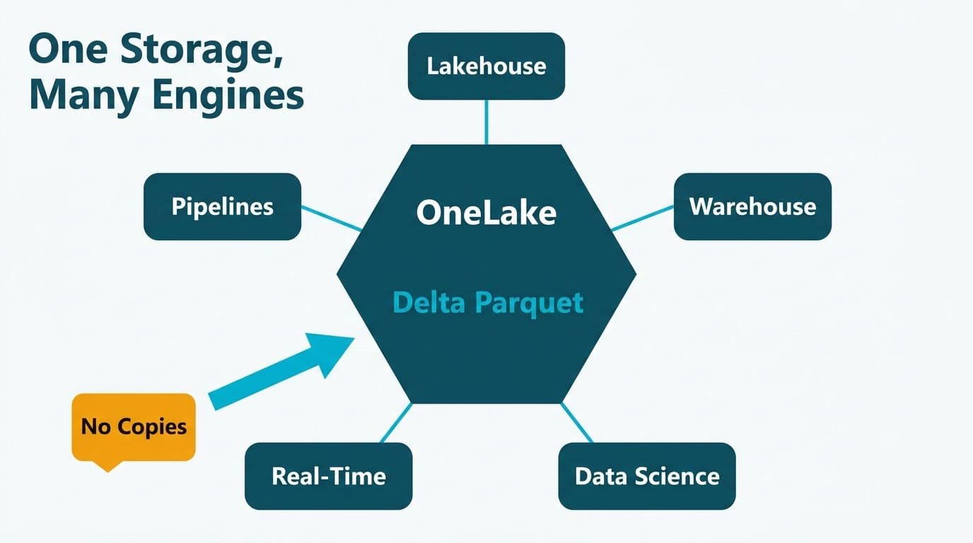 OneLake central hexagon with Delta Parquet storage connecting five workload engines — Lakehouse, Warehouse, Data Science, Real-Time, Pipelines