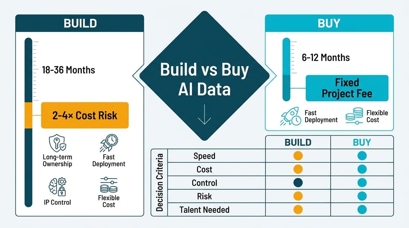 Decision matrix comparing build vs buy AI capability across cost, speed, control, and risk criteria