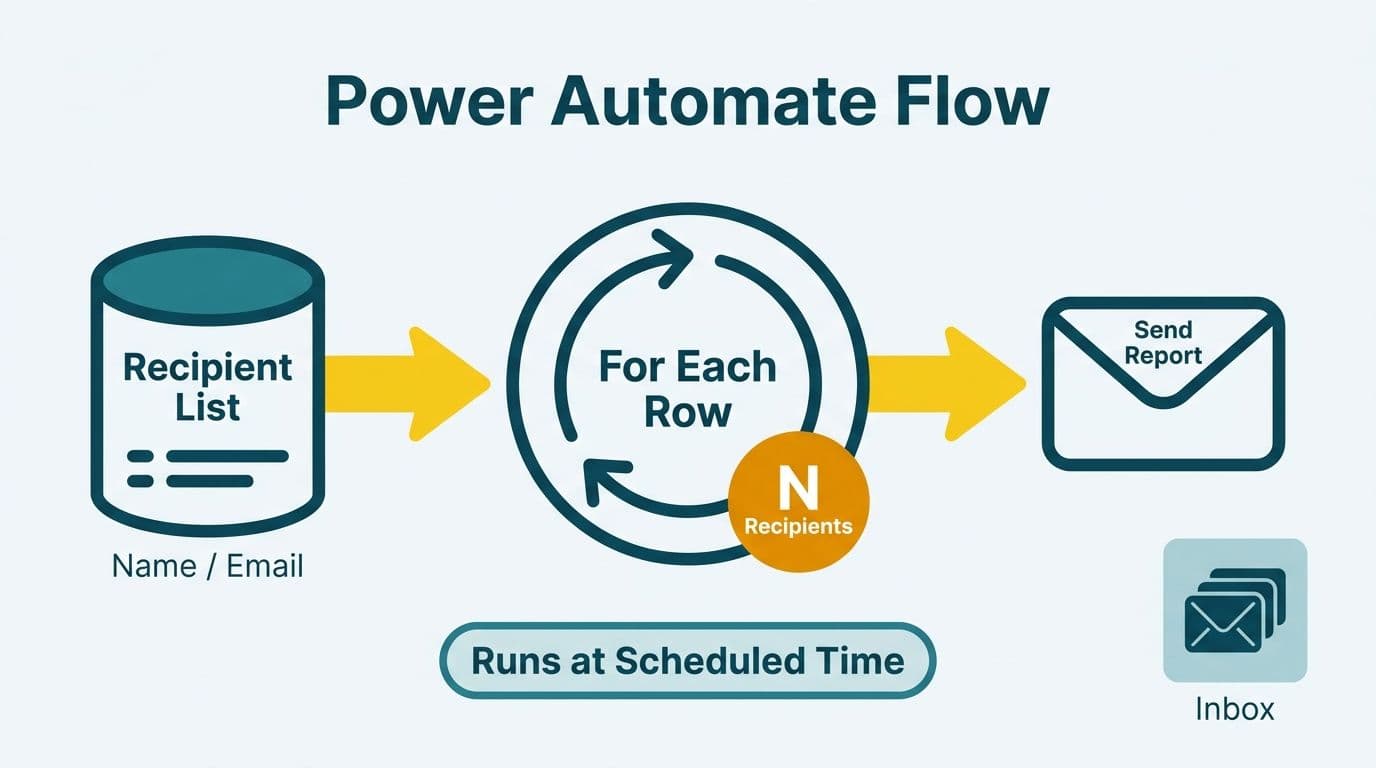 Power Automate loop reading a recipient list row-by-row and sending individual Power BI report emails
