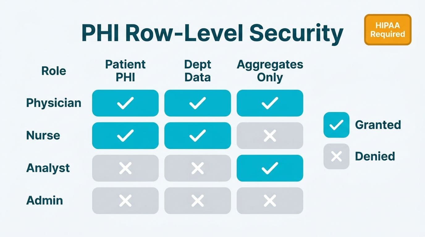 Permission matrix grid mapping four healthcare roles to PHI, department, and aggregate data access for HIPAA compliance